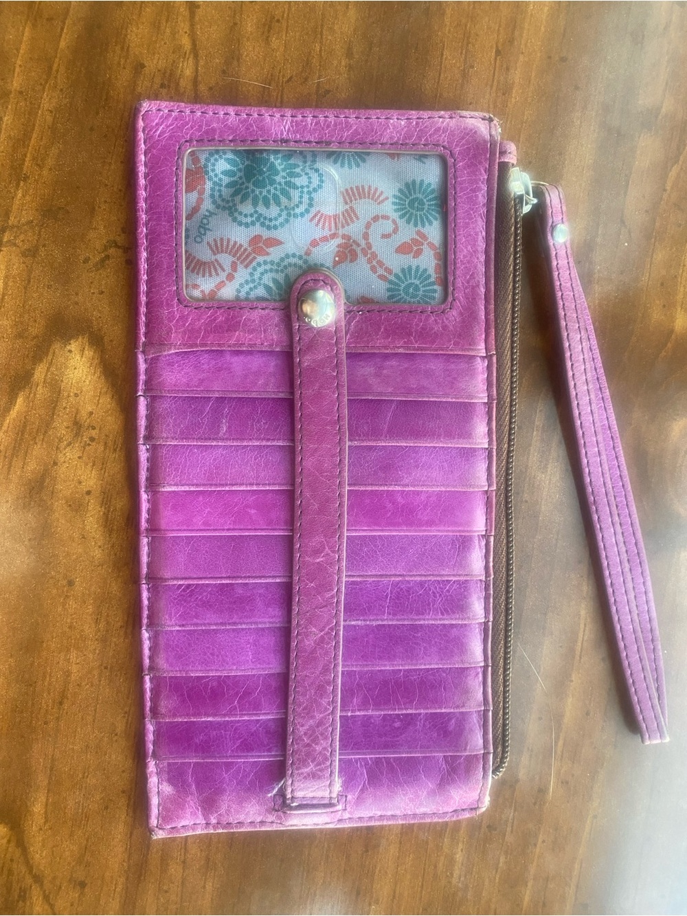 HOBO Purple Leather Multi card Wallet with Teal Floral Lining - Picture 2 of 8